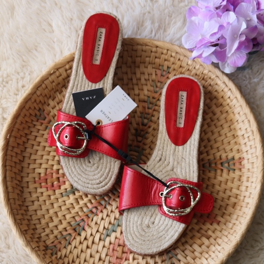 Zara Red Genuine Leather Buckle Espadrille Sandal 38